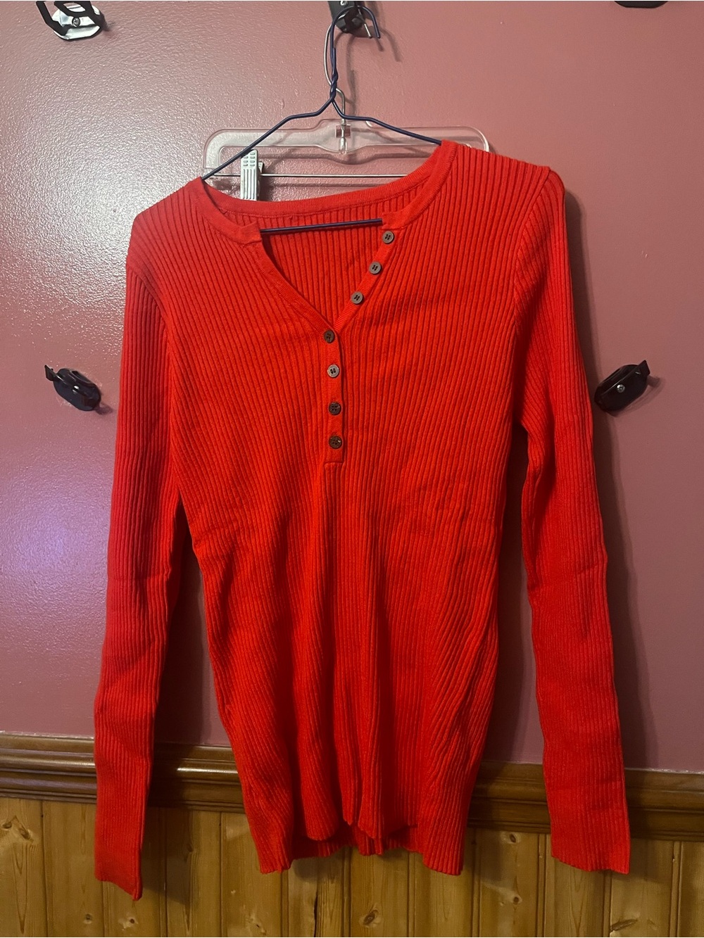 Ribbed Henley Long Sleeve Top - Bright Red